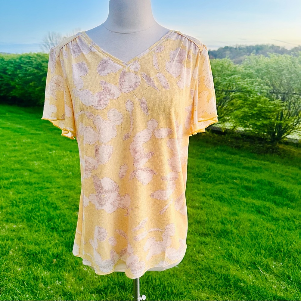 H by Halston Printed Crepe Blouse Flounce-Sleeve Keyhole Top Yellow